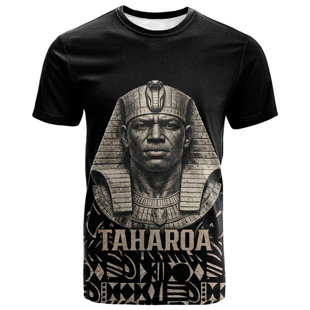 Taharqa T shirt with Black Pharaoh Portrait, 25th Dynasty of Egypt Text and Nubian-Inspired - African Pride