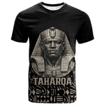 Taharqa T shirt with Black Pharaoh Portrait, 25th Dynasty of Egypt Text and Nubian-Inspired - African Pride