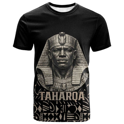 Taharqa T shirt with Black Pharaoh Portrait, 25th Dynasty of Egypt Text and Nubian-Inspired - African Pride