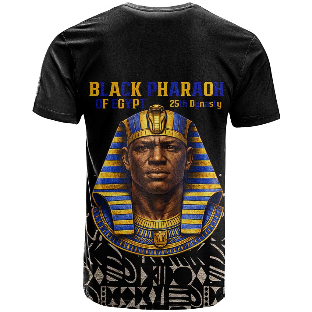 Taharqa T shirt with Black Pharaoh Portrait, 25th Dynasty of Egypt Text and Nubian-Inspired - African Pride