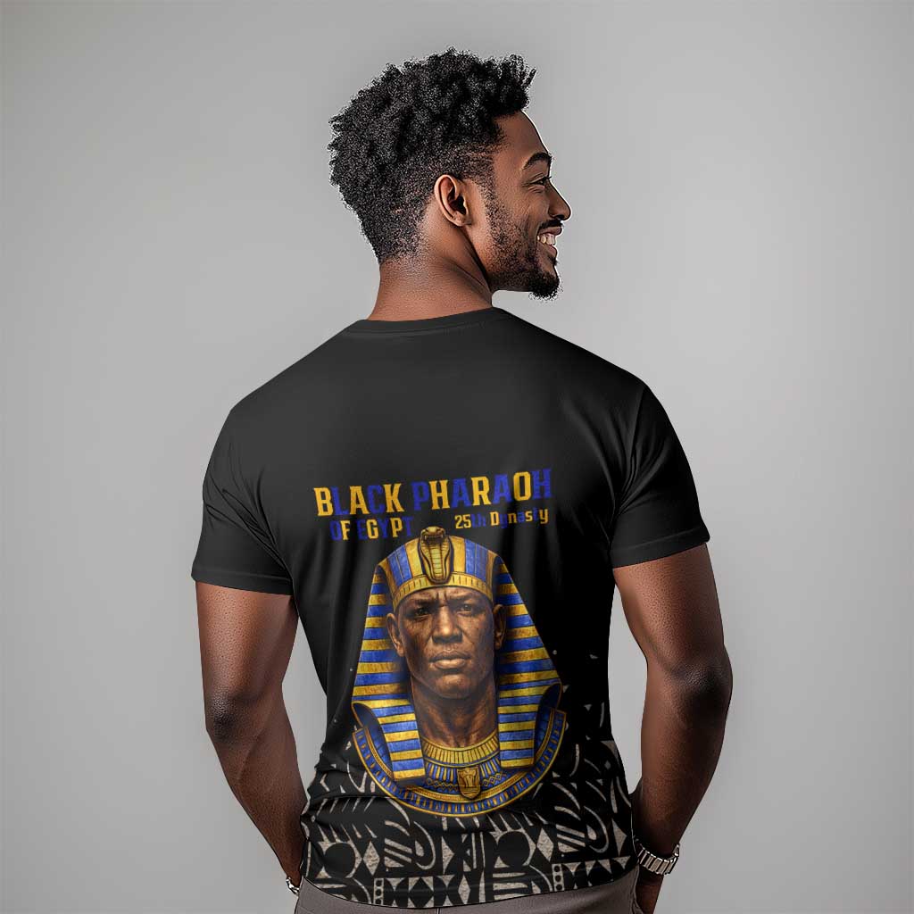 Taharqa T shirt with Black Pharaoh Portrait, 25th Dynasty of Egypt Text and Nubian-Inspired - African Pride