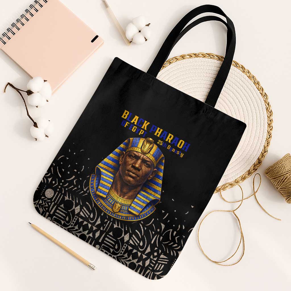 Taharqa Tote Bag with Black Pharaoh Portrait, 25th Dynasty of Egypt Text and Nubian-Inspired - African Pride