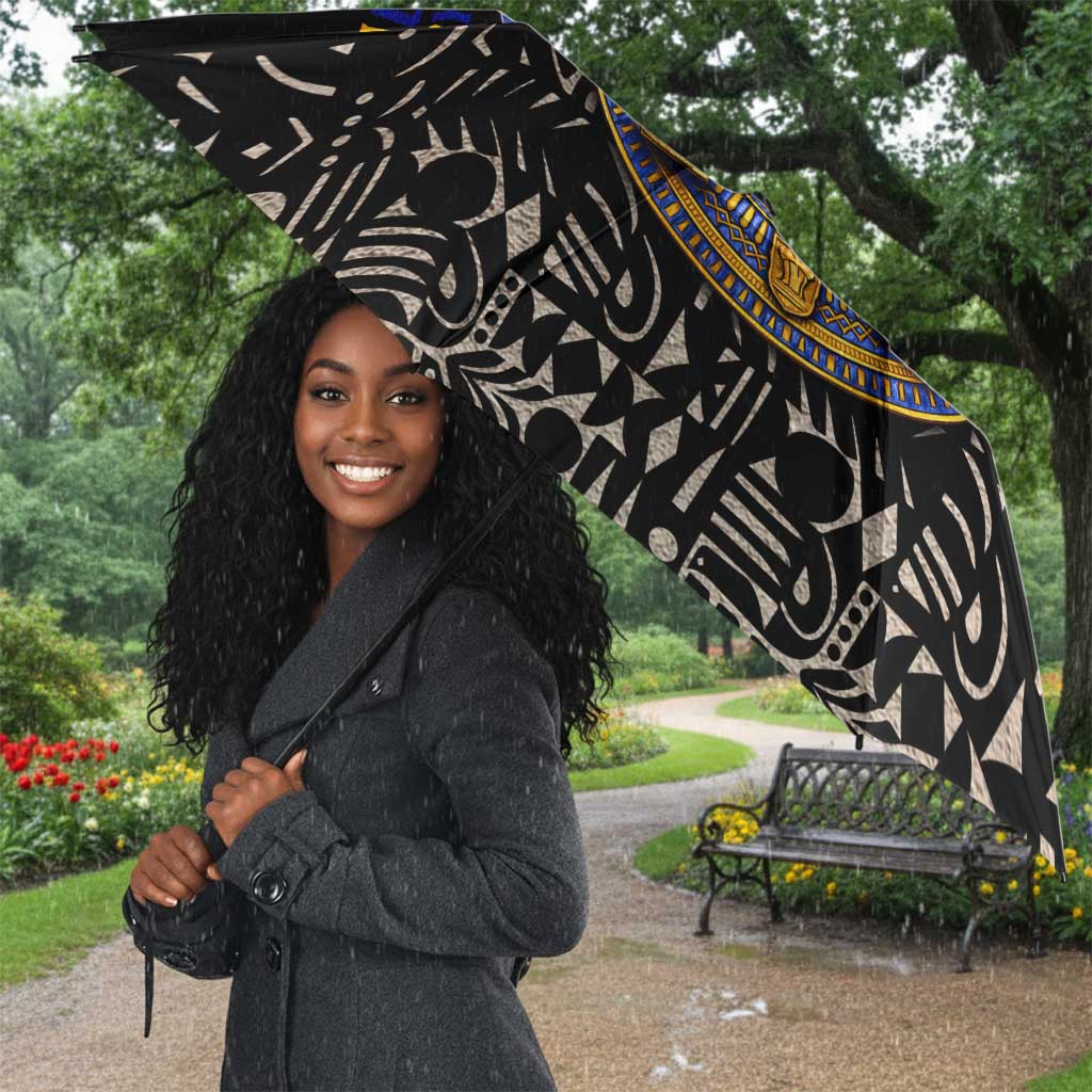 Taharqa Umbrella with Black Pharaoh Portrait, 25th Dynasty of Egypt Text and Nubian-Inspired - African Pride