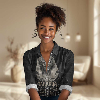 Taharqa Women Casual Shirt with Black Pharaoh Portrait, 25th Dynasty of Egypt Text and Nubian-Inspired - African Pride
