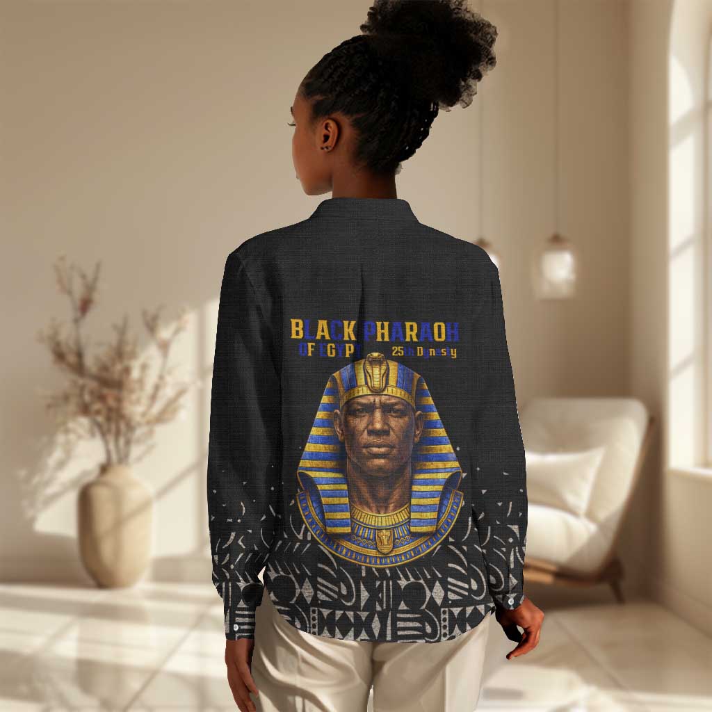 Taharqa Women Casual Shirt with Black Pharaoh Portrait, 25th Dynasty of Egypt Text and Nubian-Inspired - African Pride
