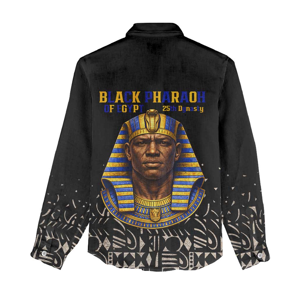 Taharqa Women Casual Shirt with Black Pharaoh Portrait, 25th Dynasty of Egypt Text and Nubian-Inspired - African Pride