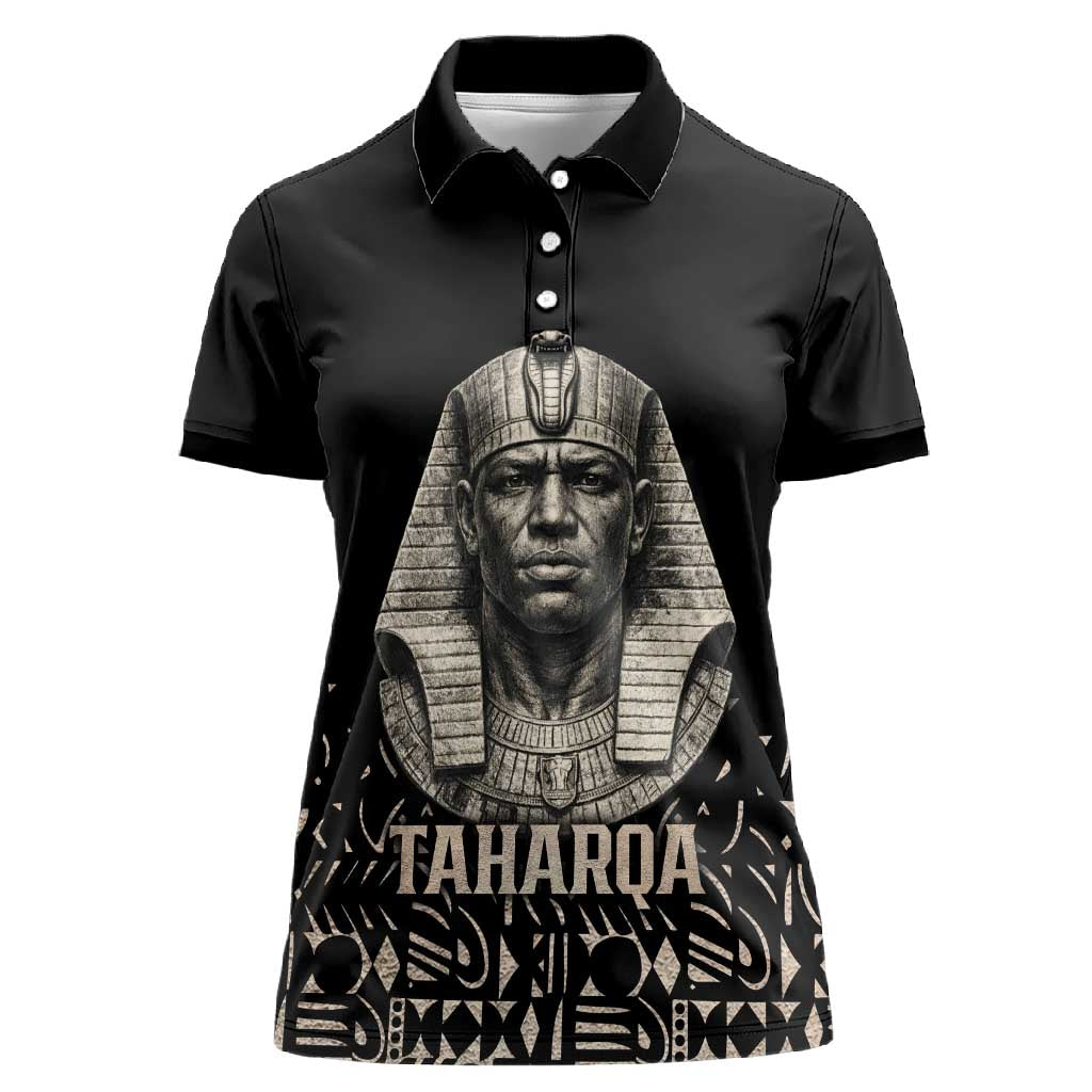 Taharqa Women Polo Shirt with Black Pharaoh Portrait, 25th Dynasty of Egypt Text and Nubian-Inspired - African Pride