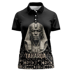 Taharqa Women Polo Shirt with Black Pharaoh Portrait, 25th Dynasty of Egypt Text and Nubian-Inspired - African Pride