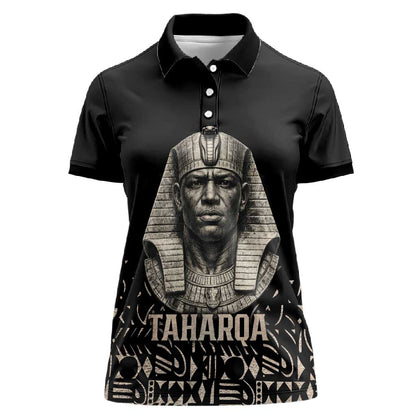 Taharqa Women Polo Shirt with Black Pharaoh Portrait, 25th Dynasty of Egypt Text and Nubian-Inspired - African Pride