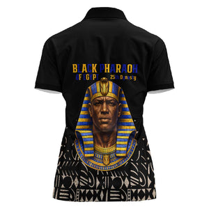 Taharqa Women Polo Shirt with Black Pharaoh Portrait, 25th Dynasty of Egypt Text and Nubian-Inspired - African Pride