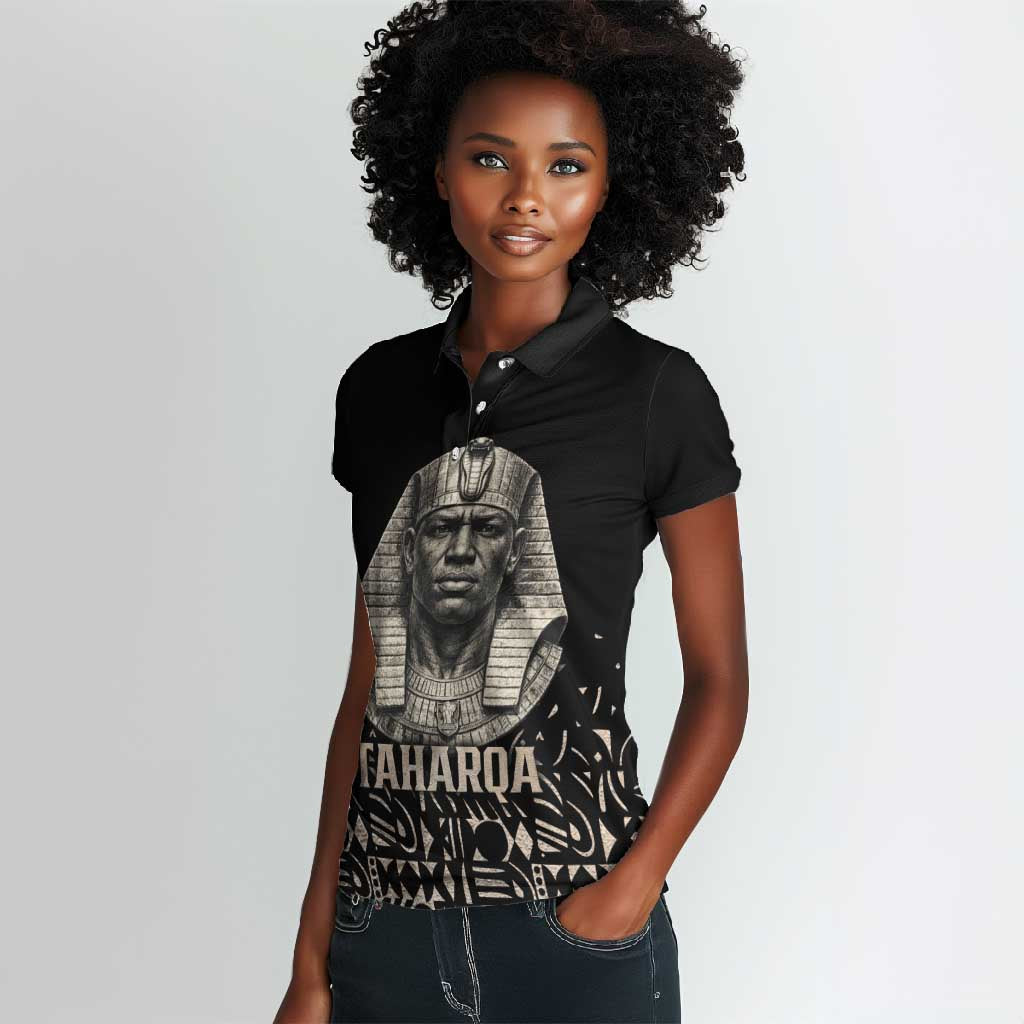Taharqa Women Polo Shirt with Black Pharaoh Portrait, 25th Dynasty of Egypt Text and Nubian-Inspired - African Pride