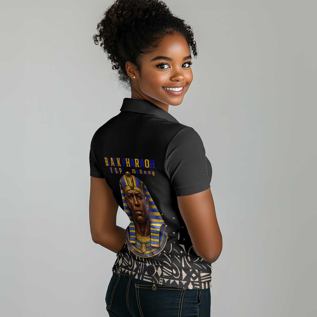 Taharqa Women Polo Shirt with Black Pharaoh Portrait, 25th Dynasty of Egypt Text and Nubian-Inspired - African Pride