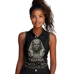 Taharqa Women Sleeveless Polo Shirt with Black Pharaoh Portrait, 25th Dynasty of Egypt Text and Nubian-Inspired - African Pride