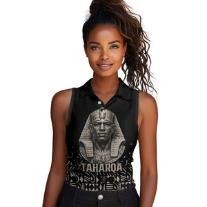 Taharqa Women Sleeveless Polo Shirt with Black Pharaoh Portrait, 25th Dynasty of Egypt Text and Nubian-Inspired - African Pride