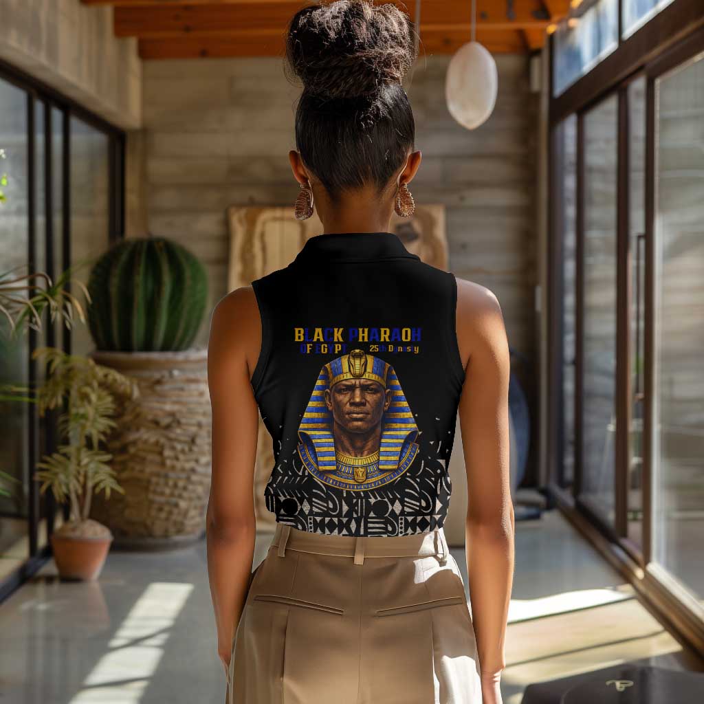 Taharqa Women Sleeveless Polo Shirt with Black Pharaoh Portrait, 25th Dynasty of Egypt Text and Nubian-Inspired - African Pride