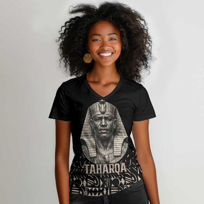 Taharqa Women V-Neck T-Shirt with Black Pharaoh Portrait, 25th Dynasty of Egypt Text and Nubian-Inspired - African Pride