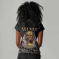 Taharqa Women V-Neck T-Shirt with Black Pharaoh Portrait, 25th Dynasty of Egypt Text and Nubian-Inspired - African Pride