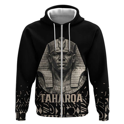 Taharqa Zip Hoodie with Black Pharaoh Portrait, 25th Dynasty of Egypt Text and Nubian-Inspired - African Pride