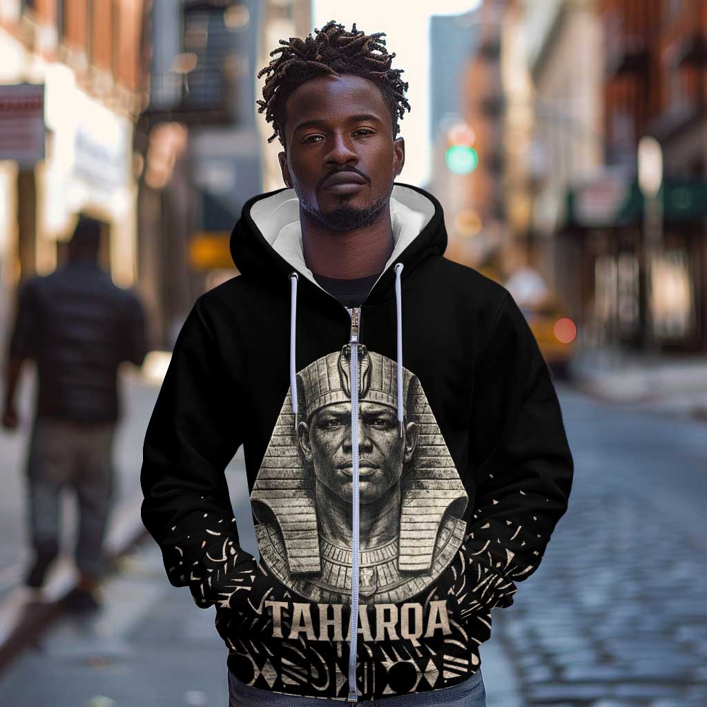 Taharqa Zip Hoodie with Black Pharaoh Portrait, 25th Dynasty of Egypt Text and Nubian-Inspired - African Pride