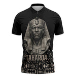 Taharqa Zipper Polo Shirt with Black Pharaoh Portrait, 25th Dynasty of Egypt Text and Nubian-Inspired - African Pride
