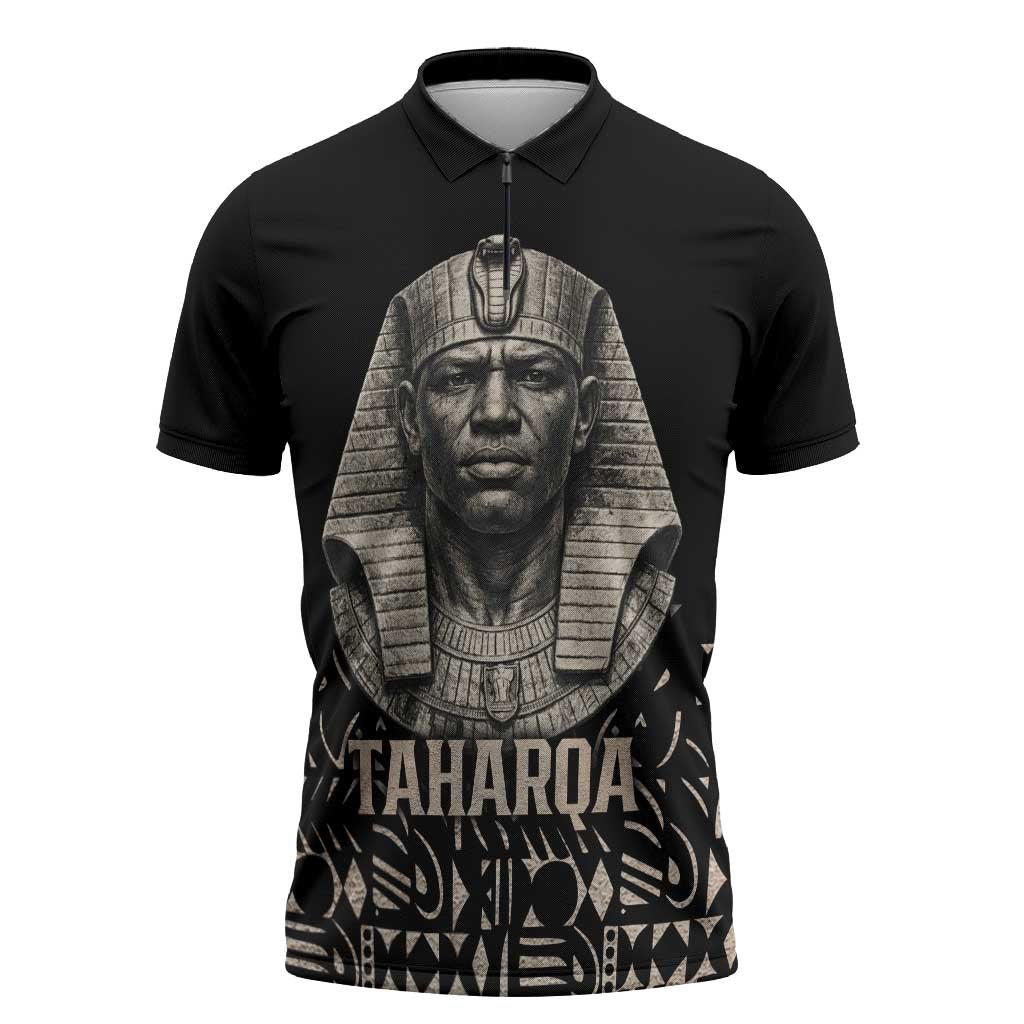 Taharqa Zipper Polo Shirt with Black Pharaoh Portrait, 25th Dynasty of Egypt Text and Nubian-Inspired - African Pride