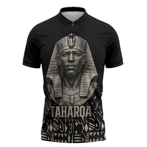 Taharqa Zipper Polo Shirt with Black Pharaoh Portrait, 25th Dynasty of Egypt Text and Nubian-Inspired - African Pride