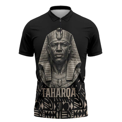 Taharqa Zipper Polo Shirt with Black Pharaoh Portrait, 25th Dynasty of Egypt Text and Nubian-Inspired - African Pride