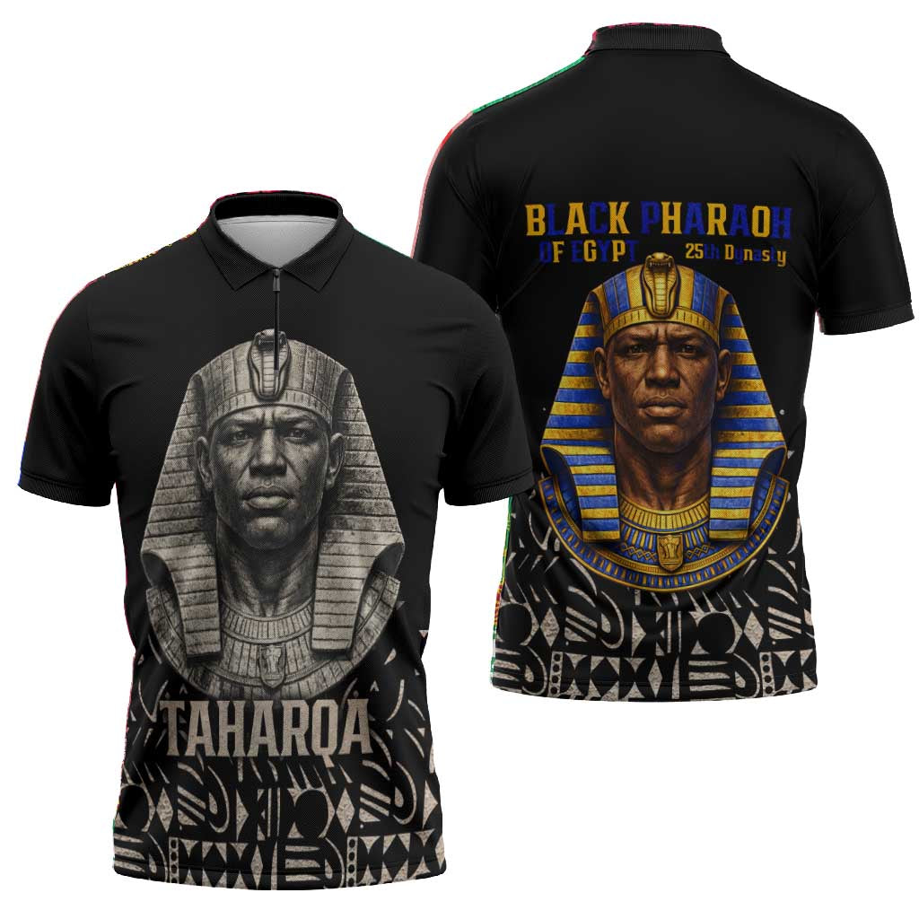 Taharqa Zipper Polo Shirt with Black Pharaoh Portrait, 25th Dynasty of Egypt Text and Nubian-Inspired - African Pride