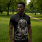 Taharqa Zipper Polo Shirt with Black Pharaoh Portrait, 25th Dynasty of Egypt Text and Nubian-Inspired - African Pride