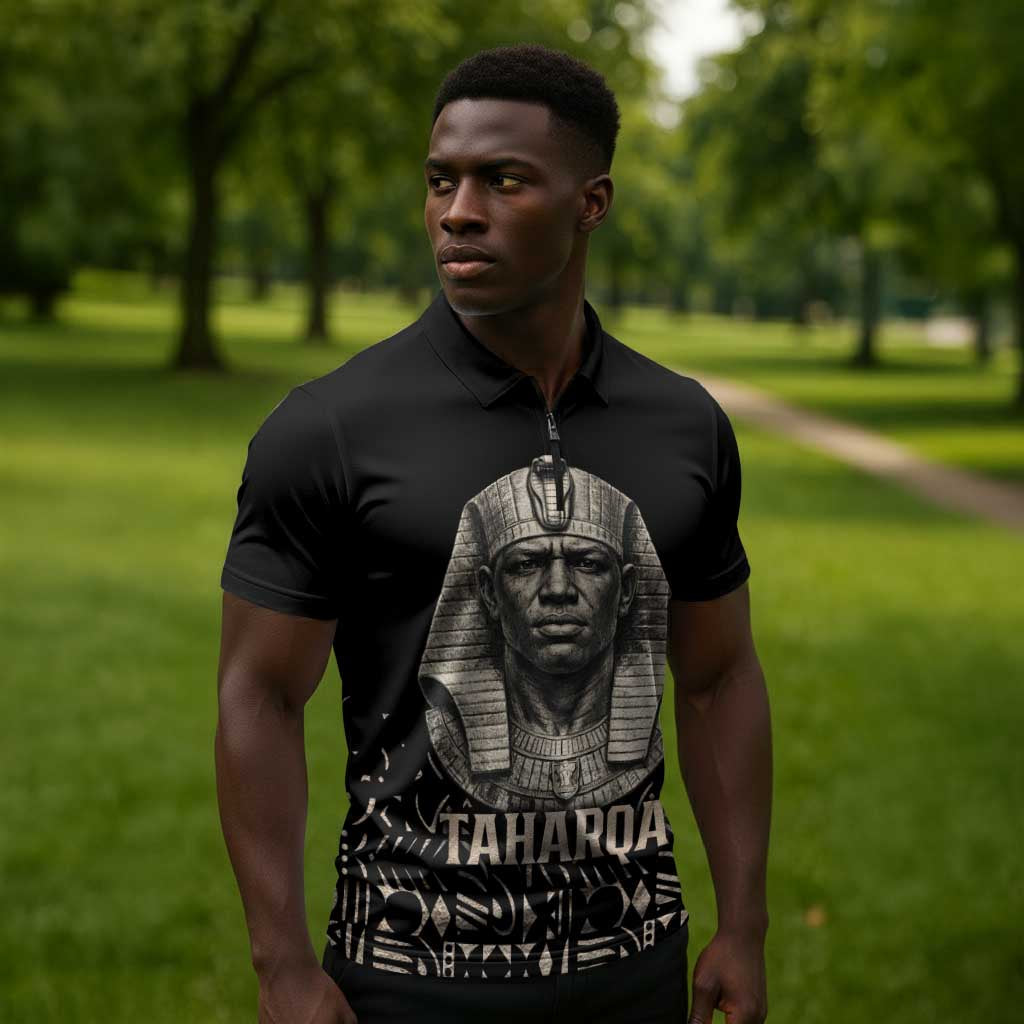 Taharqa Zipper Polo Shirt with Black Pharaoh Portrait, 25th Dynasty of Egypt Text and Nubian-Inspired - African Pride