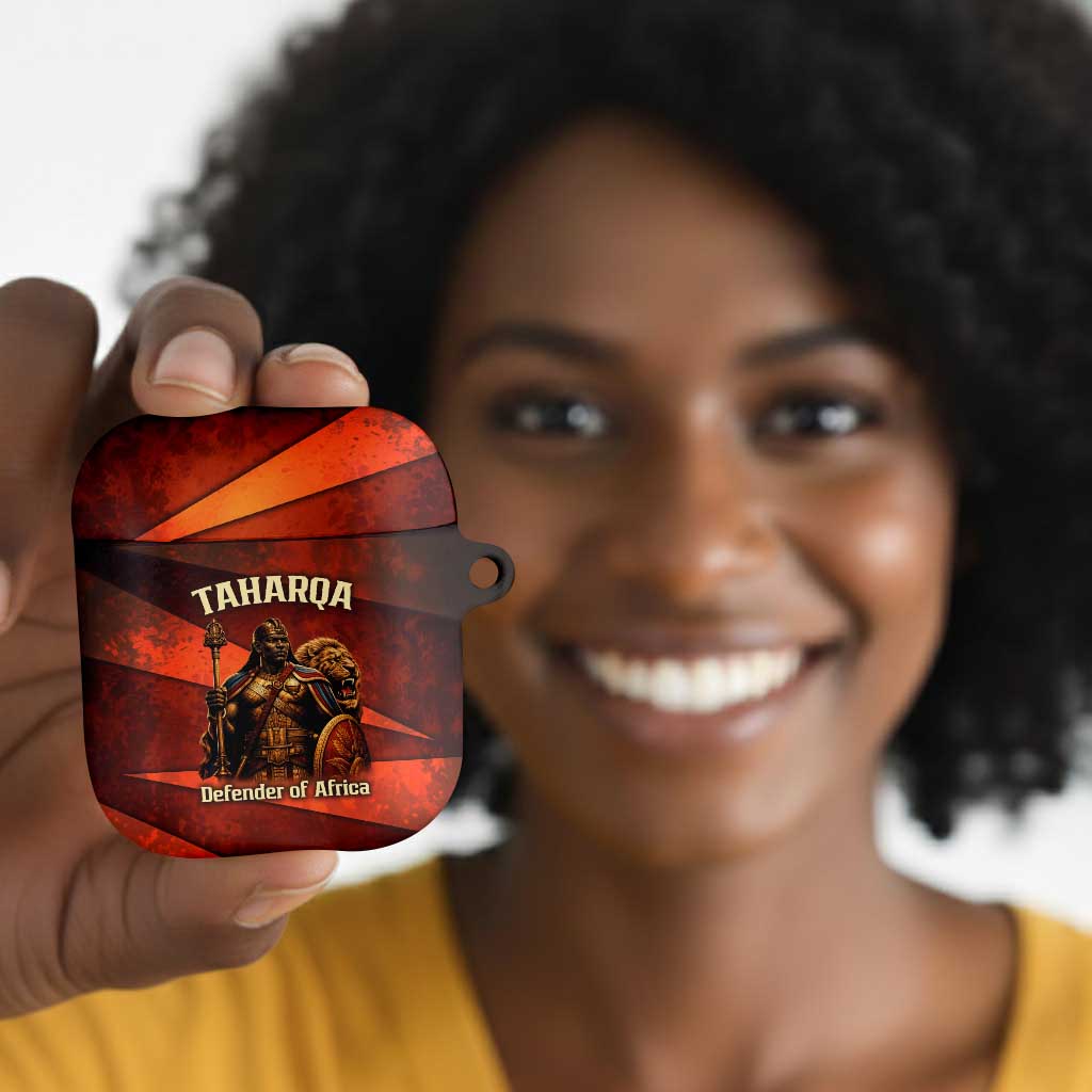 Taharqa AirPods Case with Warrior Portrait, Lion of Kush Title and Bold Red Defender of Africa - African Pride