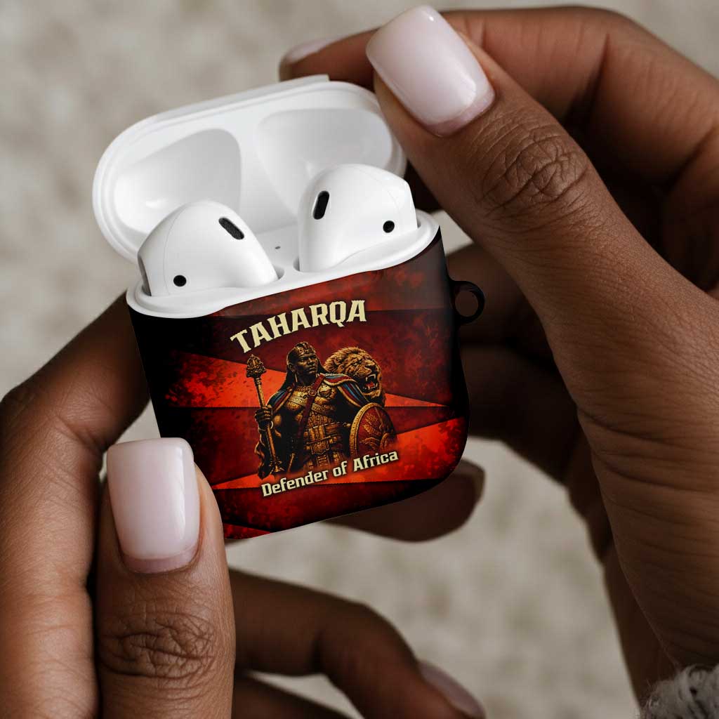 Taharqa AirPods Case with Warrior Portrait, Lion of Kush Title and Bold Red Defender of Africa - African Pride