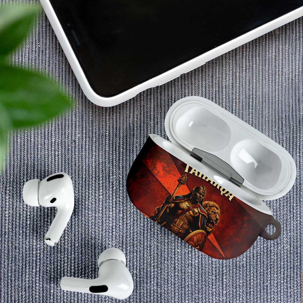Taharqa AirPods Case with Warrior Portrait, Lion of Kush Title and Bold Red Defender of Africa - African Pride