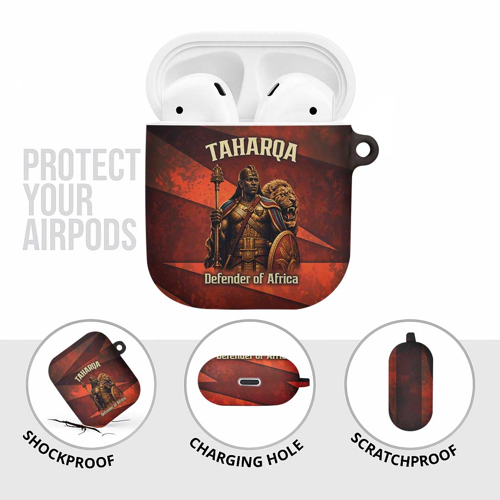 Taharqa AirPods Case with Warrior Portrait, Lion of Kush Title and Bold Red Defender of Africa - African Pride
