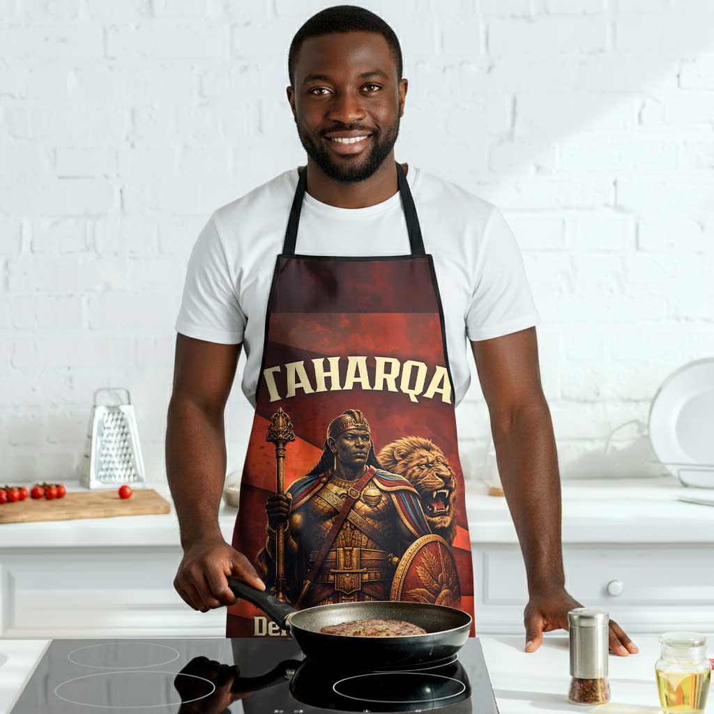 Taharqa Apron with Warrior Portrait, Lion of Kush Title and Bold Red Defender of Africa - African Pride