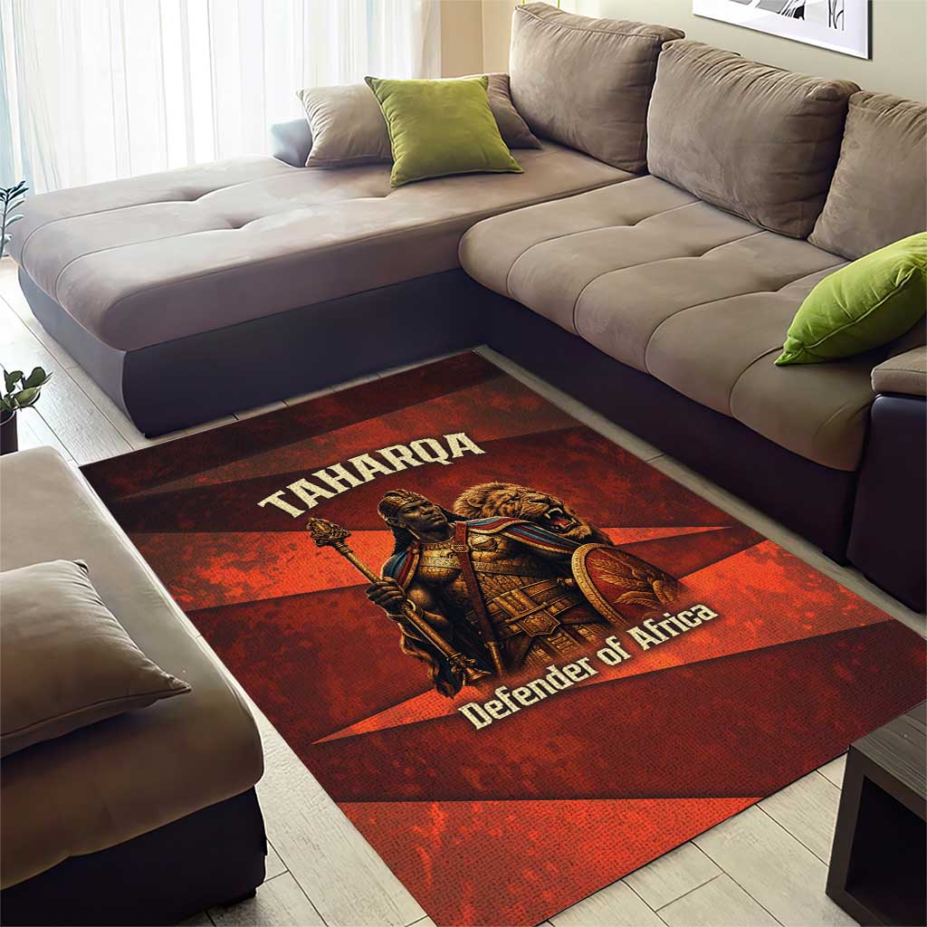 Taharqa Area Rug with Warrior Portrait, Lion of Kush Title and Bold Red Defender of Africa - African Pride