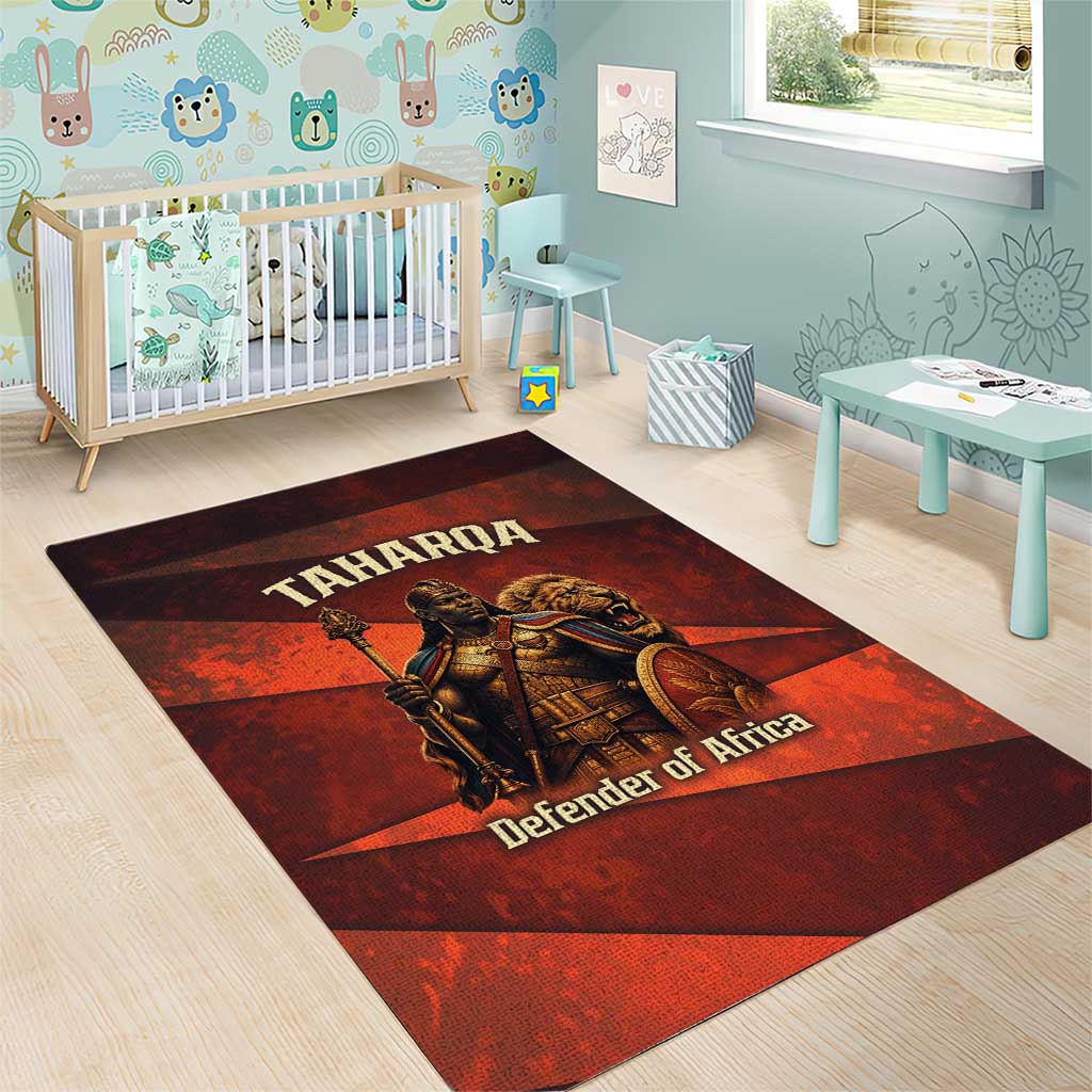 Taharqa Area Rug with Warrior Portrait, Lion of Kush Title and Bold Red Defender of Africa - African Pride