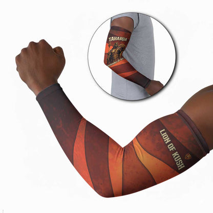 Taharqa Arm Sleeves with Warrior Portrait, Lion of Kush Title and Bold Red Defender of Africa - African Pride