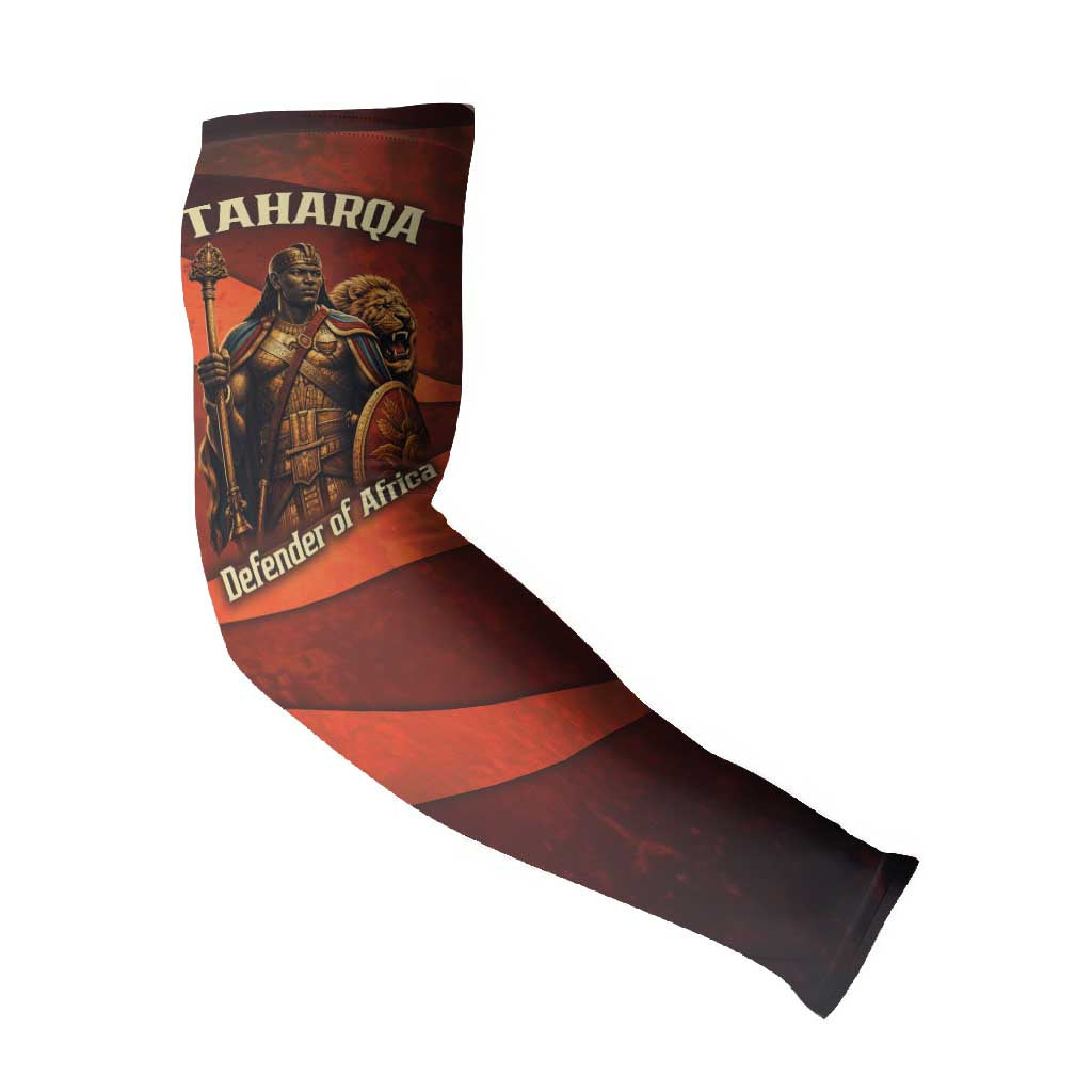 Taharqa Arm Sleeves with Warrior Portrait, Lion of Kush Title and Bold Red Defender of Africa - African Pride