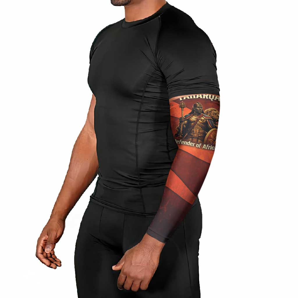 Taharqa Arm Sleeves with Warrior Portrait, Lion of Kush Title and Bold Red Defender of Africa - African Pride