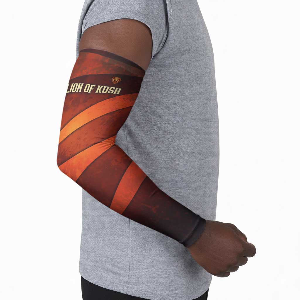 Taharqa Arm Sleeves with Warrior Portrait, Lion of Kush Title and Bold Red Defender of Africa - African Pride