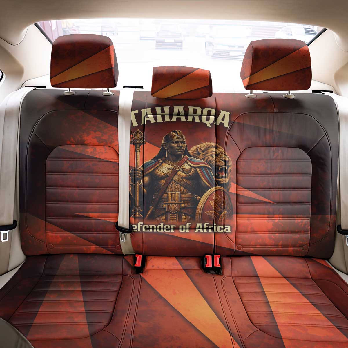 Taharqa Back Car Seat Cover with Warrior Portrait, Lion of Kush Title and Bold Red Defender of Africa - African Pride