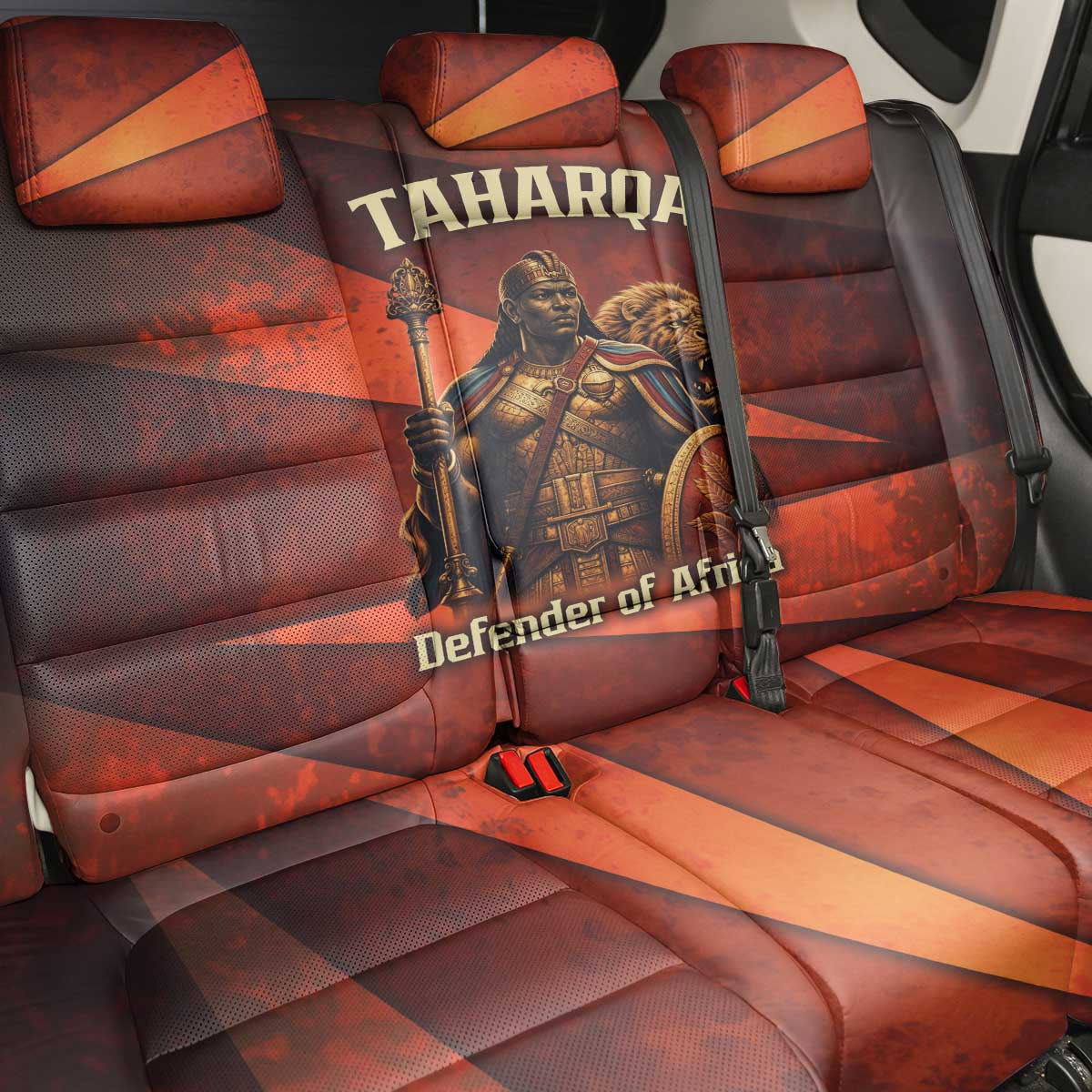 Taharqa Back Car Seat Cover with Warrior Portrait, Lion of Kush Title and Bold Red Defender of Africa - African Pride
