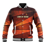Taharqa Baseball Jacket with Warrior Portrait, Lion of Kush Title and Bold Red Defender of Africa - African Pride