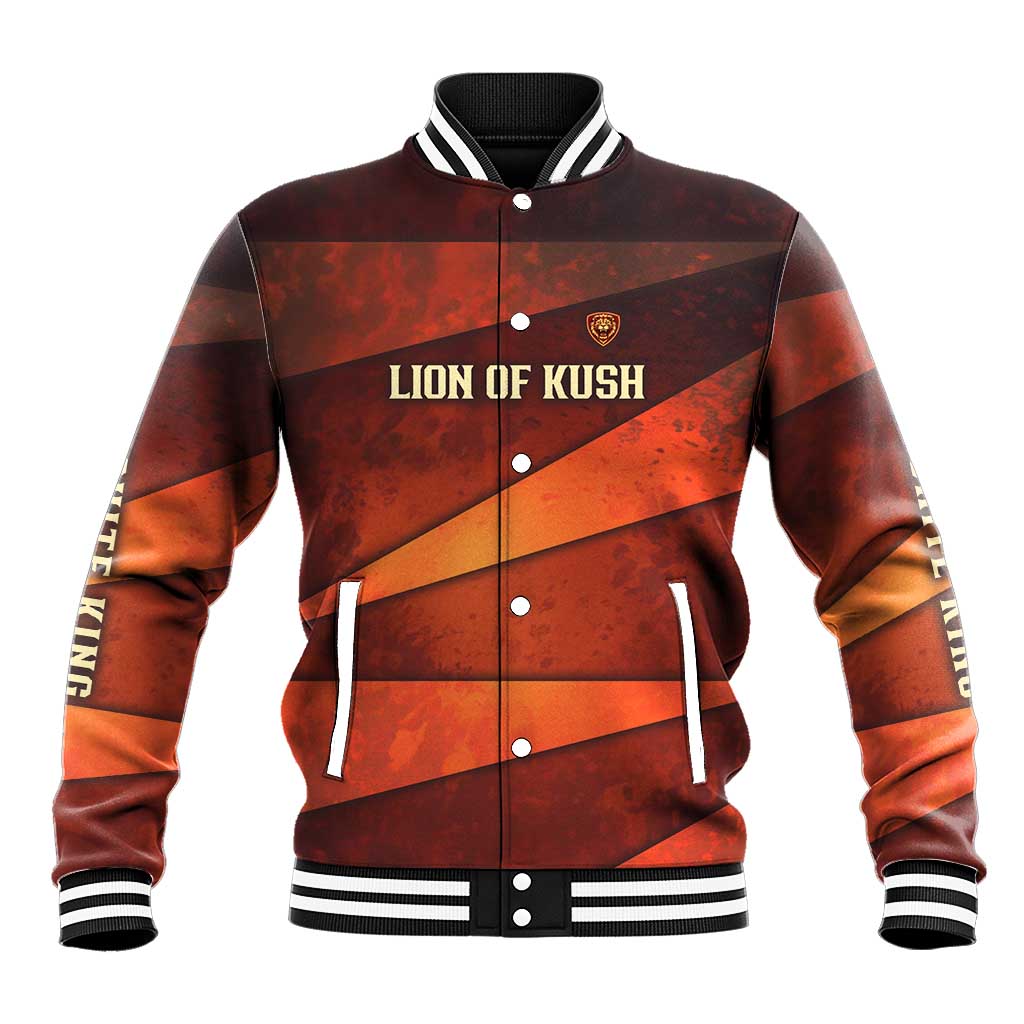 Taharqa Baseball Jacket with Warrior Portrait, Lion of Kush Title and Bold Red Defender of Africa - African Pride