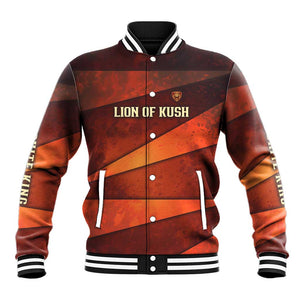 Taharqa Baseball Jacket with Warrior Portrait, Lion of Kush Title and Bold Red Defender of Africa - African Pride