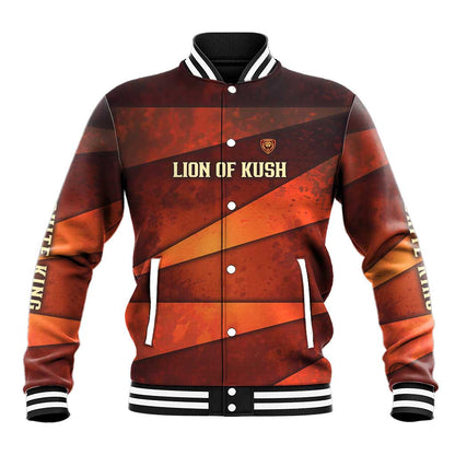 Taharqa Baseball Jacket with Warrior Portrait, Lion of Kush Title and Bold Red Defender of Africa - African Pride
