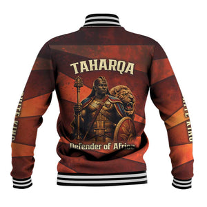 Taharqa Baseball Jacket with Warrior Portrait, Lion of Kush Title and Bold Red Defender of Africa - African Pride