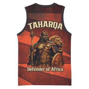 Taharqa Basketball Jersey with Warrior Portrait, Lion of Kush Title and Bold Red Defender of Africa - African Pride