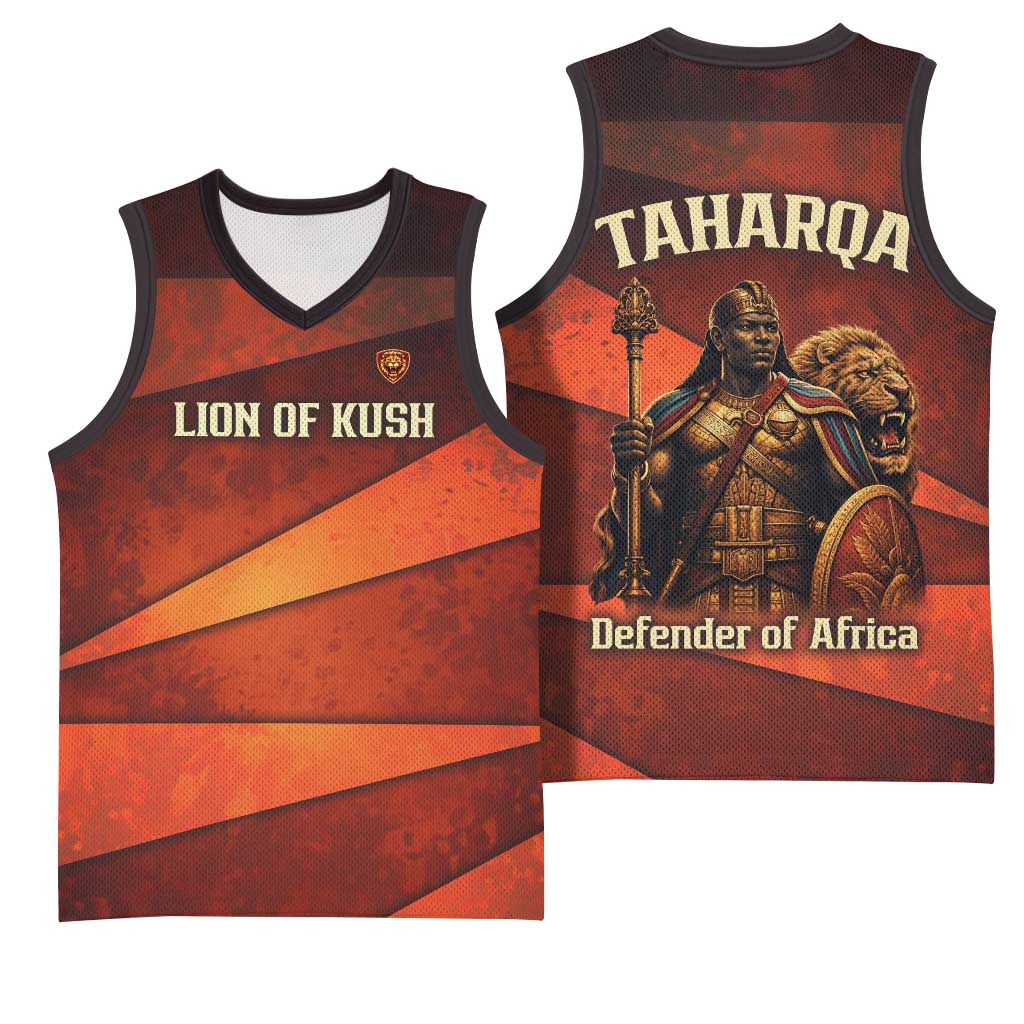 Taharqa Basketball Jersey with Warrior Portrait, Lion of Kush Title and Bold Red Defender of Africa - African Pride